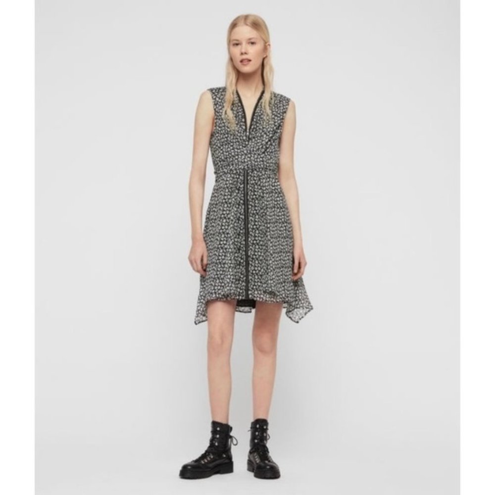 All Saints Jayda Scatter Dress Size XS Black White Floral Mini Zipper V Neck
